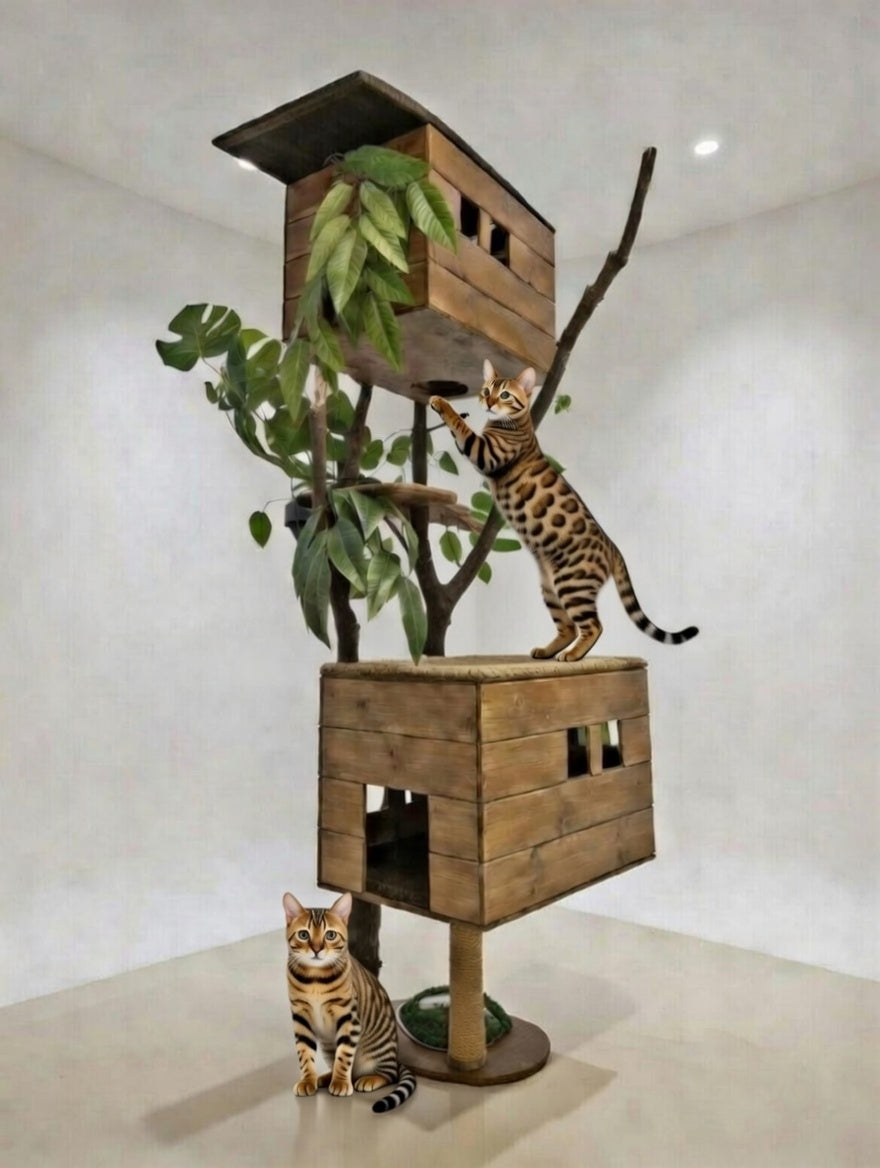 Handmade Large Cat Tree Tower 2m – Real Natural Branches + 2 Spacious Houses 40x40x60 cm | Custom Colors, 2-Year Warranty