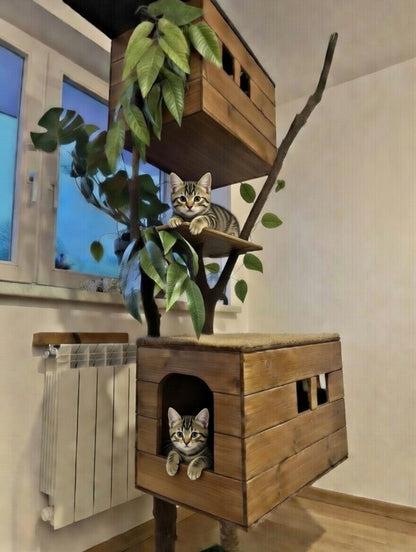Handmade Large Cat Tree Tower 2m – Real Natural Branches + 2 Spacious Houses 40x40x60 cm | Custom Colors, 2-Year Warranty