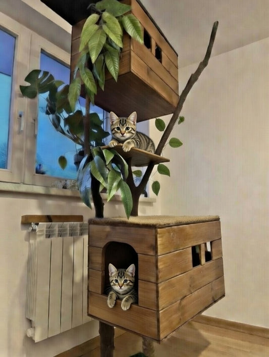 Handmade Large Cat Tree Tower 2m – Real Natural Branches + 2 Spacious Houses 40x40x60 cm | Custom Colors, 2-Year Warranty