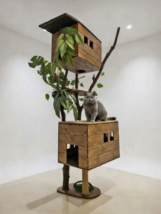 Handmade Large Cat Tree Tower 2m – Real Natural Branches + 2 Spacious Houses 40x40x60 cm | Custom Colors, 2-Year Warranty
